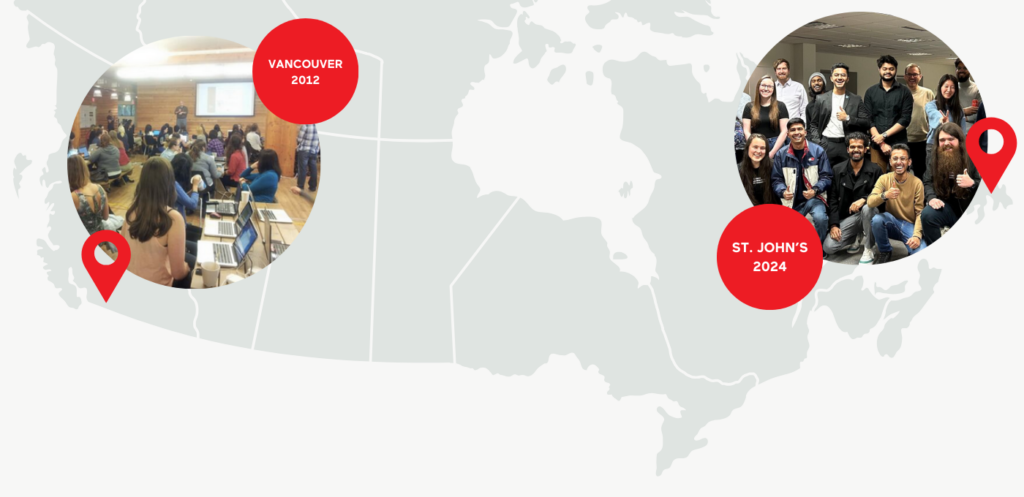 Map of Canada with chapter workshop in Vancouver, 2012 and chapter workshop in St. John's, 2024