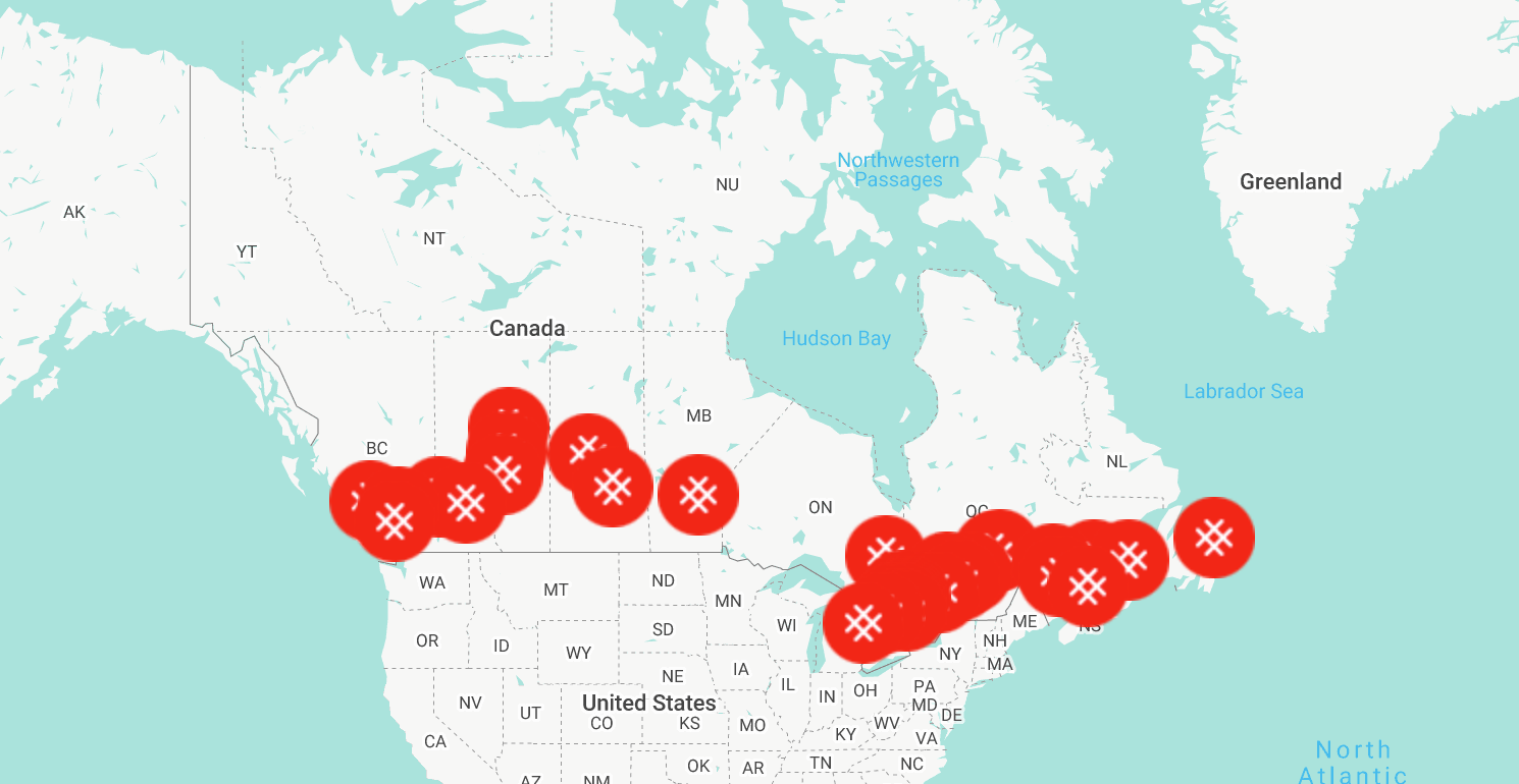 Map of Canada with Chapters labelled. Over 30 chapters across the country.